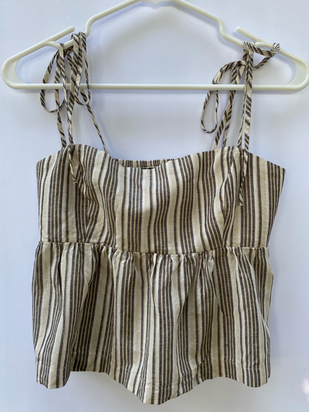 Dynamite Striped Tie-Shoulder Linen Peplum Tank Top